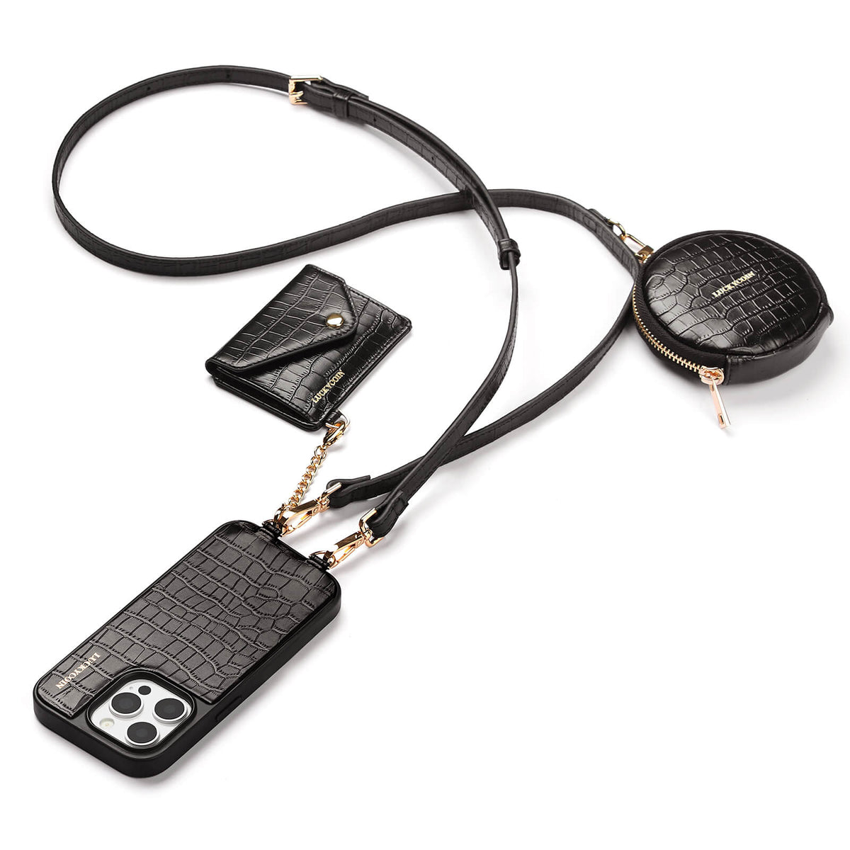 Detachable Crossbody Wallet Phone Case with Round Pouch | Black Croc