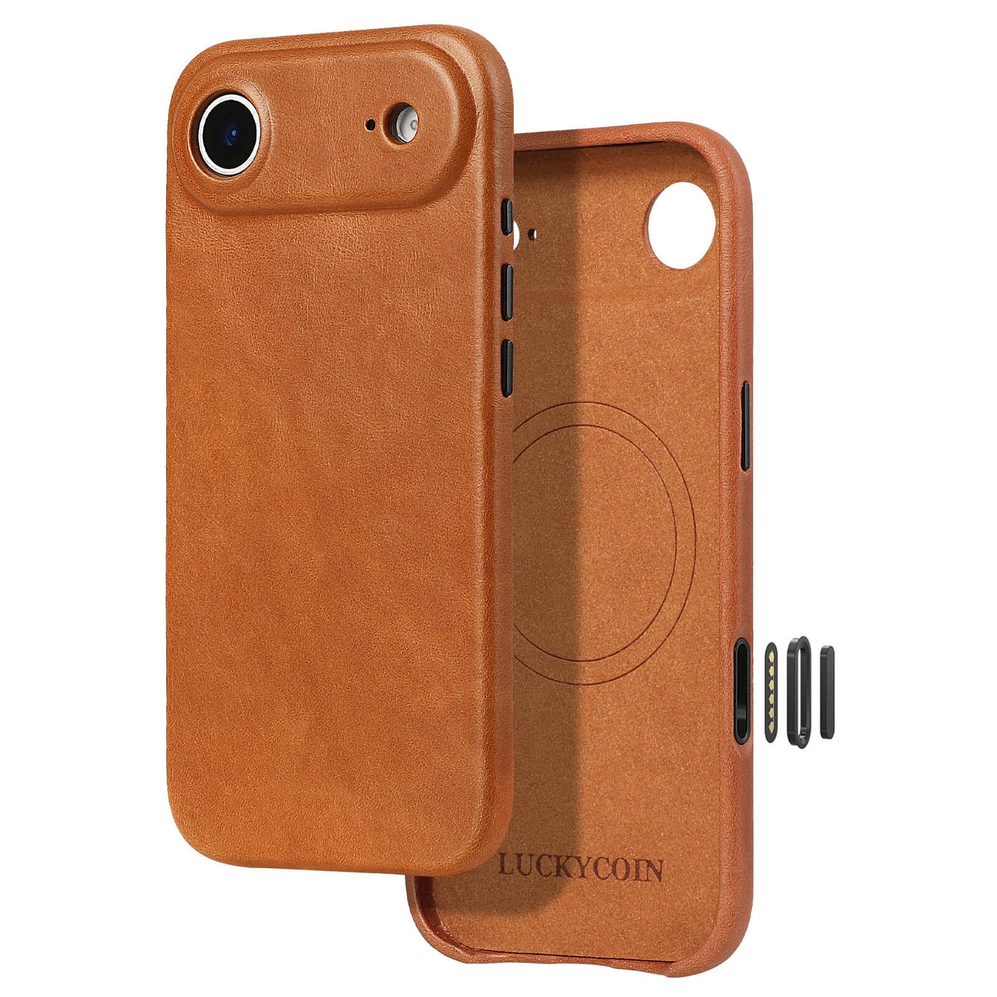 LUCKYCOIN full-grain leather MagSafe phone case with camera control button for iPhone 17 Air brown