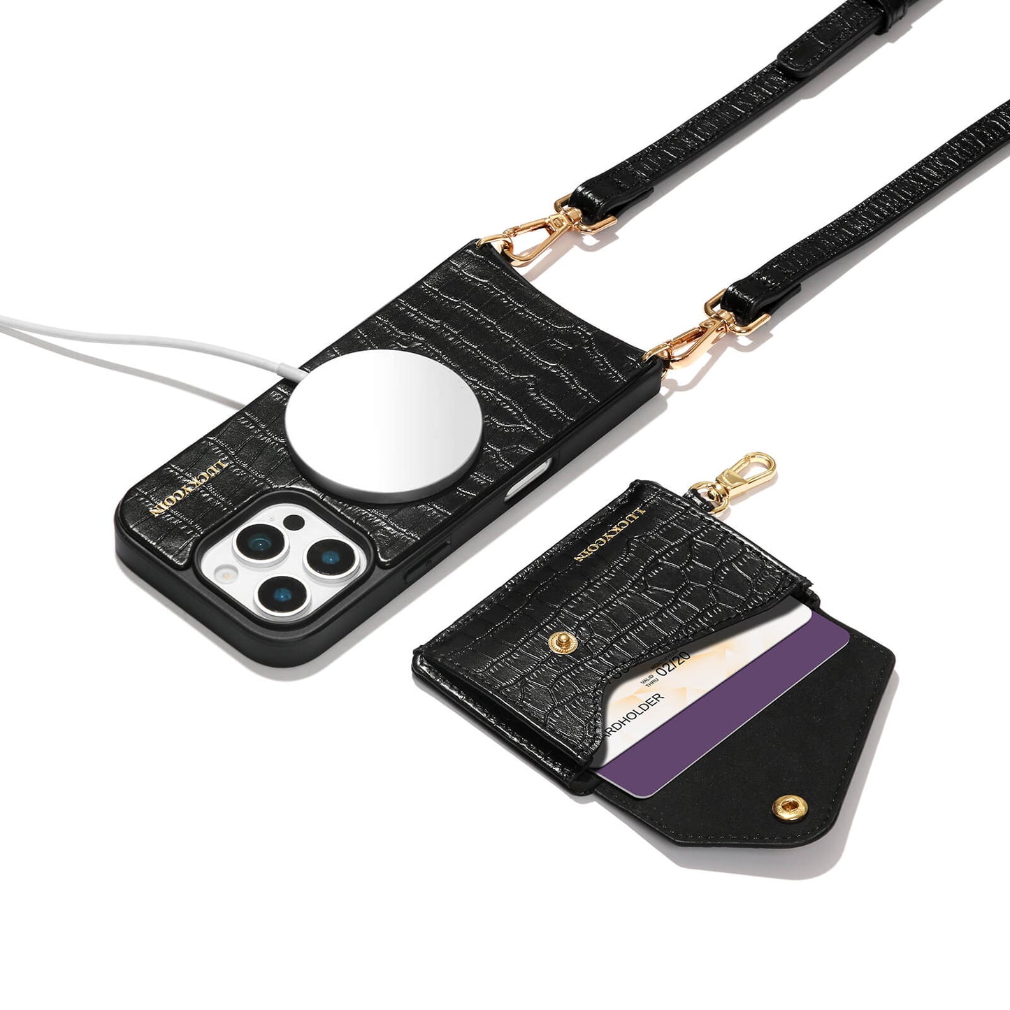 LUCKYCOIN magnet wallet crossbody case with detachable wallet and MagSafe compatibility,black croc leather iPhone 16 Pro case