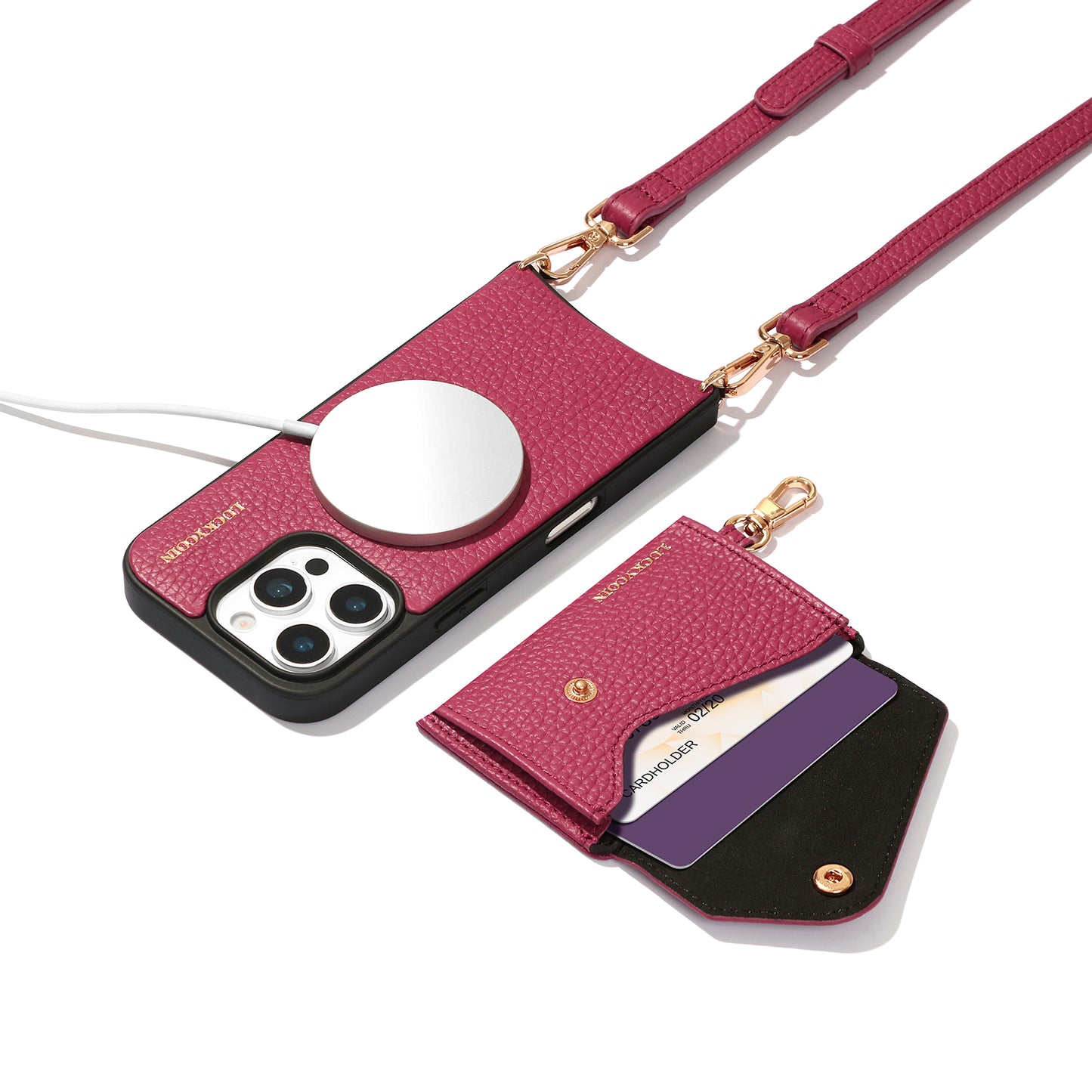 LUCKYCOIN magnet wallet crossbody case with detachable wallet and MagSafe compatibility, rose purple leather iPhone 16 Pro case