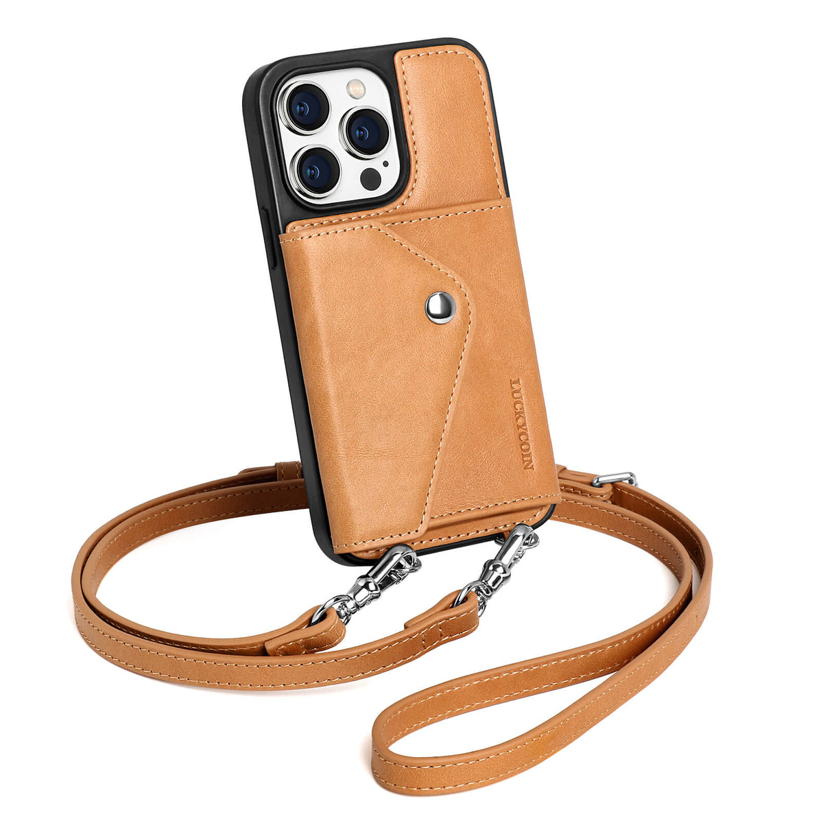 LUCKYCOIN retro AlmondTan leather crossbody wallet phone case for iPhone 14 Pro