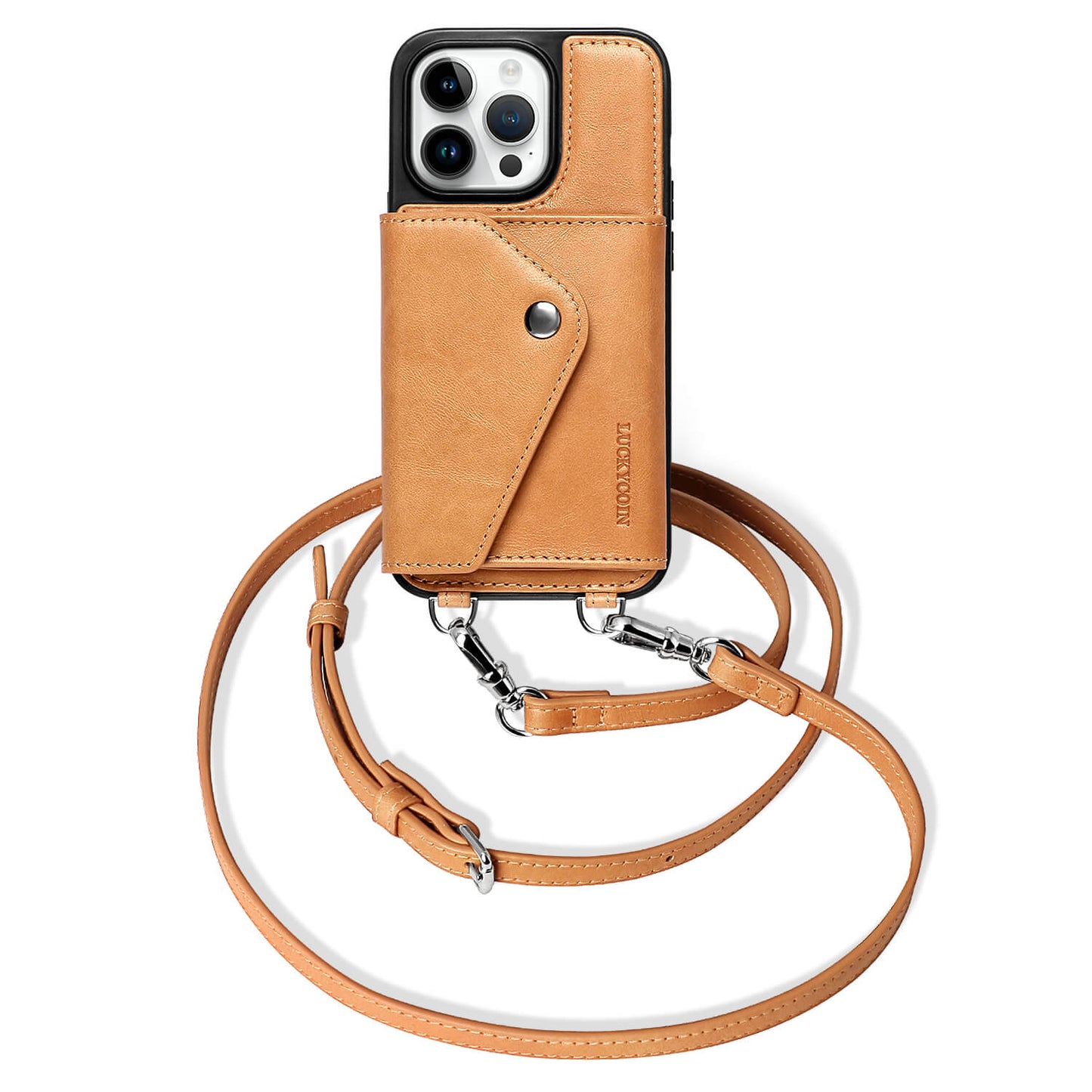 LUCKYCOIN retro AlmondTan leather crossbody wallet phone case for iPhone 14 Pro
