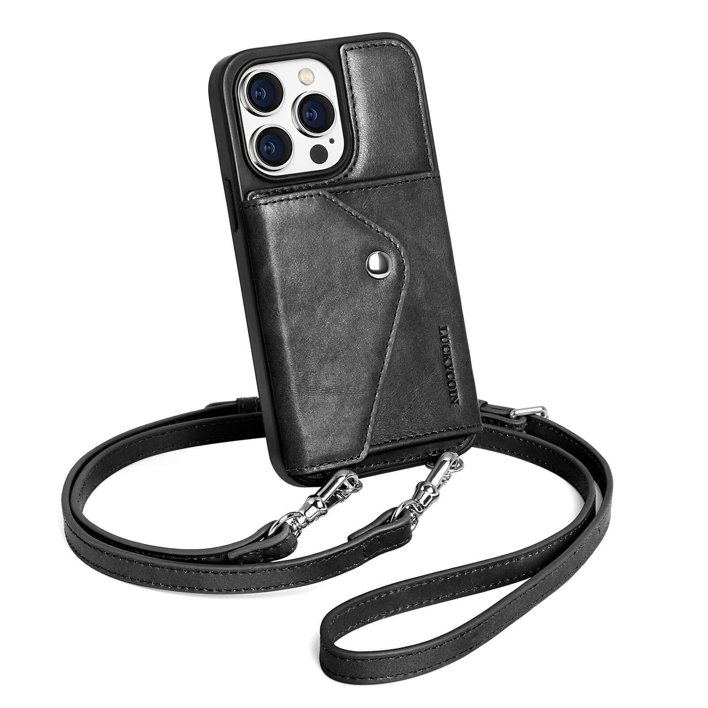 LUCKYCOIN retro black leather crossbody wallet phone case for iPhone 14 Pro
