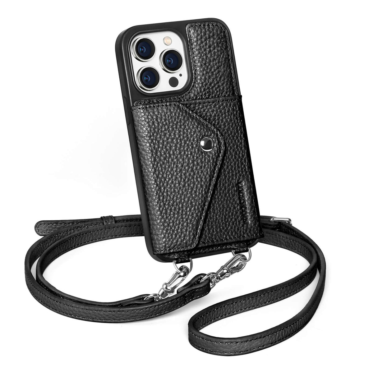 LUCKYCOIN black leather crossbody wallet phone case for iPhone 14 Pro