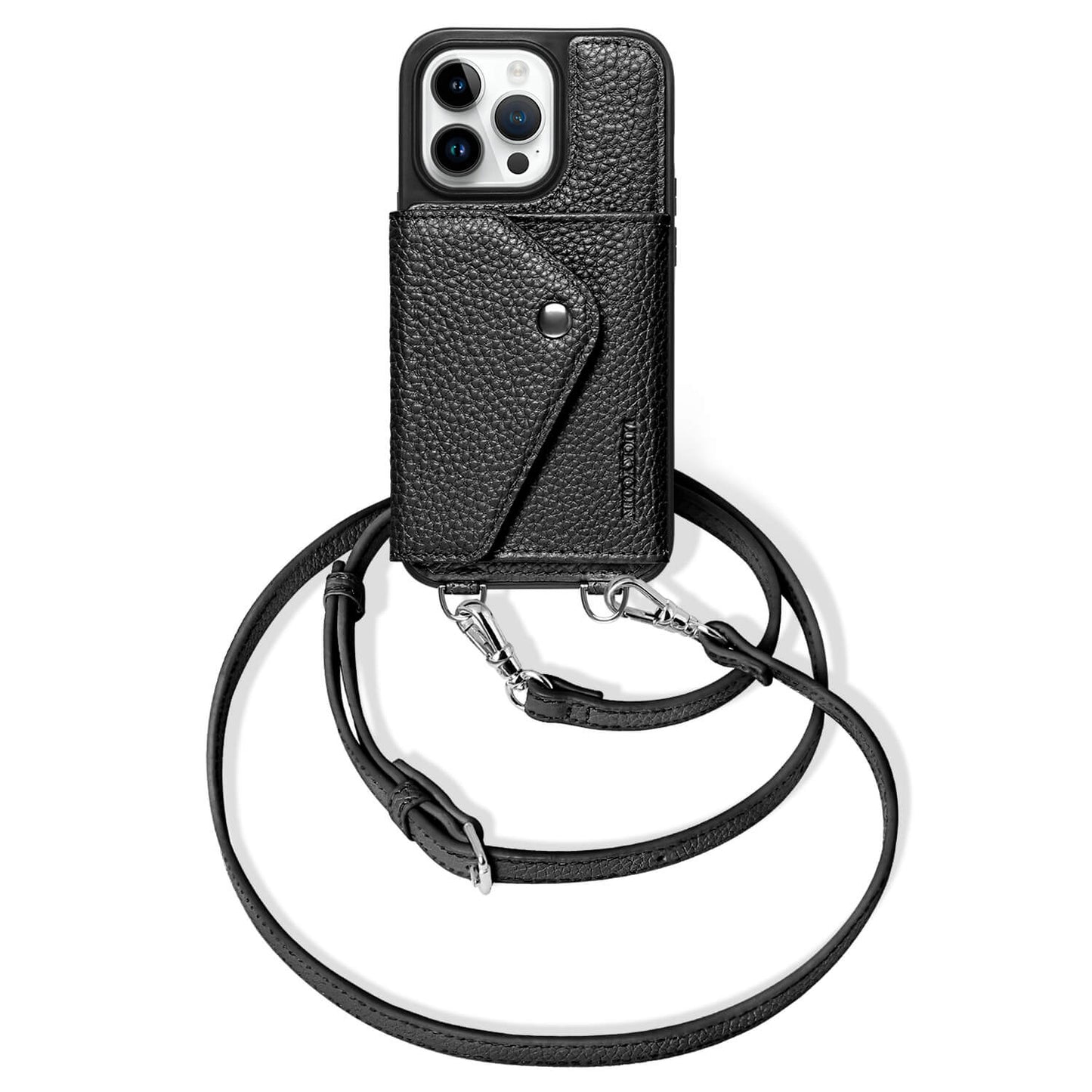 LUCKYCOIN black leather crossbody wallet phone case for iPhone 14 Pro