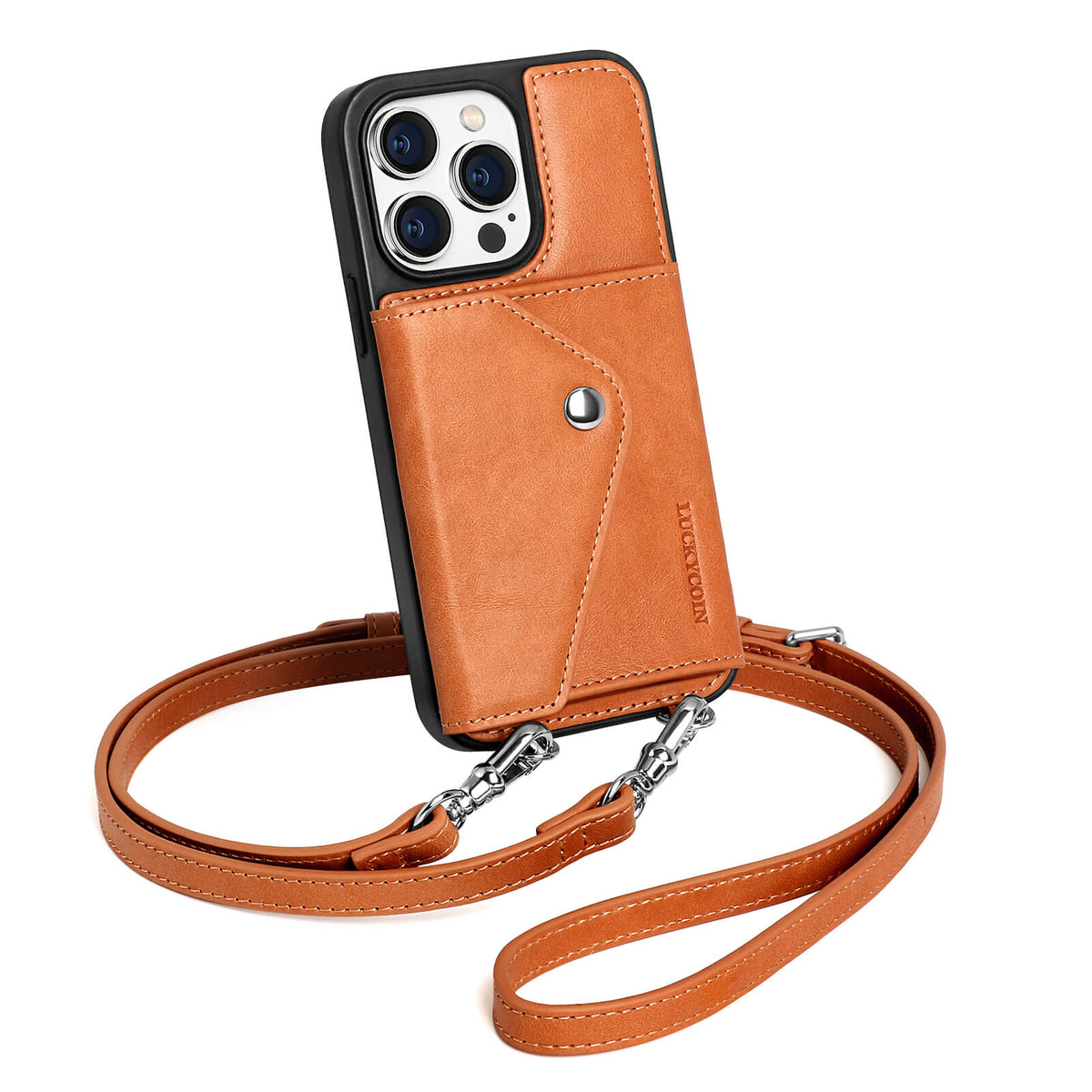 LUCKYCOIN retro brown leather crossbody wallet phone case for iPhone 14 Pro