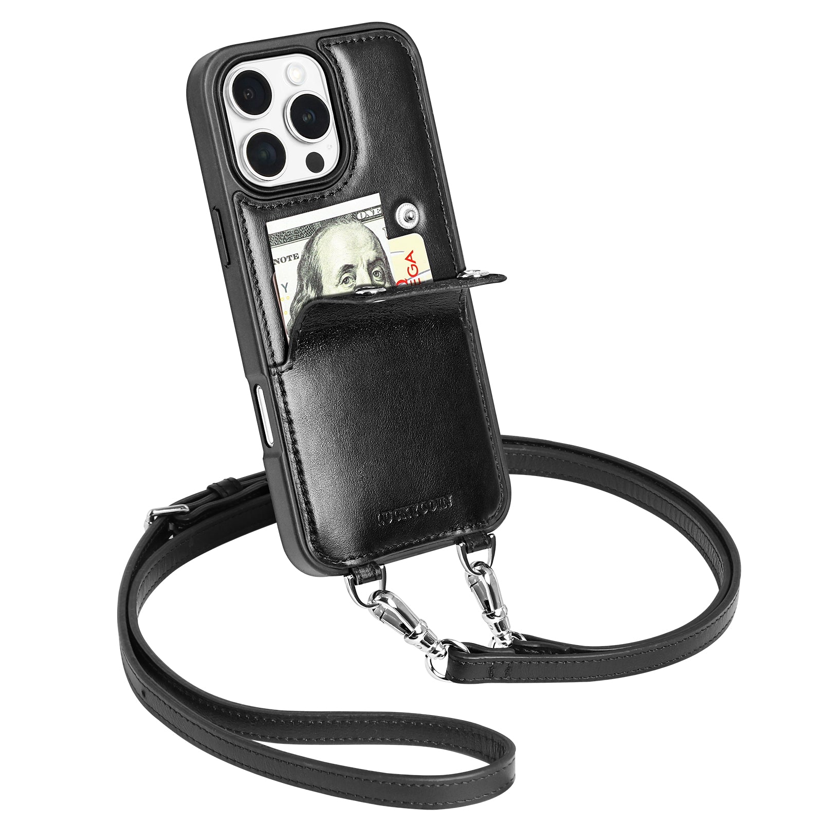 Retro Black Leather Crossbody Phone Case with Snap Wallet | LUCKYCOIN Retro Black Leather Crossbody Phone Case with Snap Wallet | LUCKYCOIN