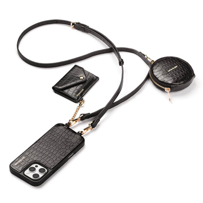 Detachable Crossbody Wallet Phone Case with Round Pouch | Black Croc