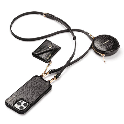 Detachable Crossbody Wallet Phone Case with Round Pouch | Black Croc
