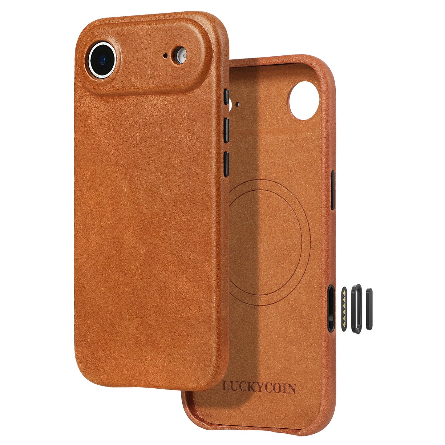 LUCKYCOIN full-grain leather MagSafe phone case with camera control button for iPhone 17 Air brown