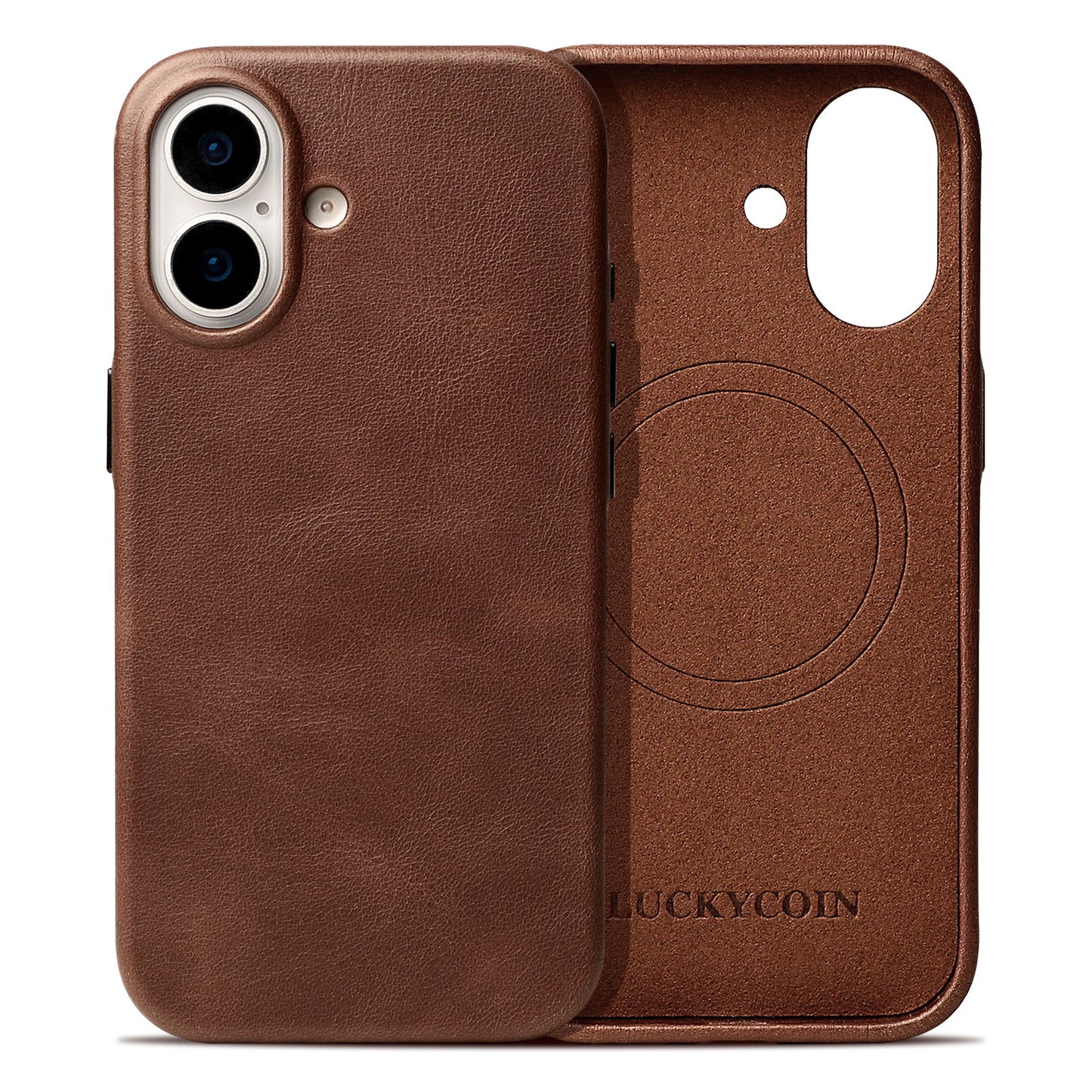 LUCKYCOIN full-grain leather MagSafe phone case with camera control button for iPhone 17 dark brown