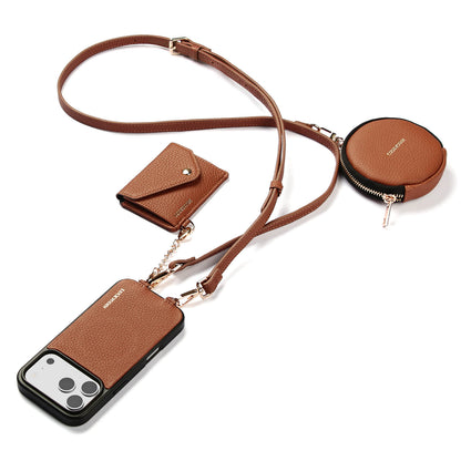 Detachable Crossbody Wallet Phone Case with Round Pouch | Cognac Brown
