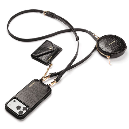 Detachable Crossbody Wallet Phone Case with Round Pouch | Black Croc