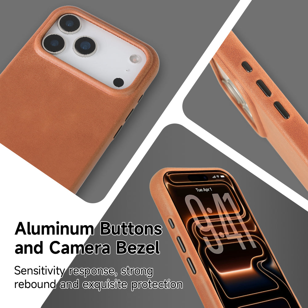 LUCKYCOIN full-grain leather MagSafe Open Plateau phone case with camera control button for iPhone 17 Pro brown