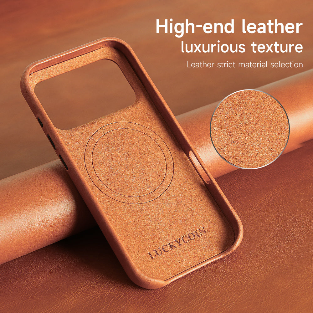 LUCKYCOIN full-grain leather MagSafe Open Plateau phone case with camera control button for iPhone 17 Pro brown