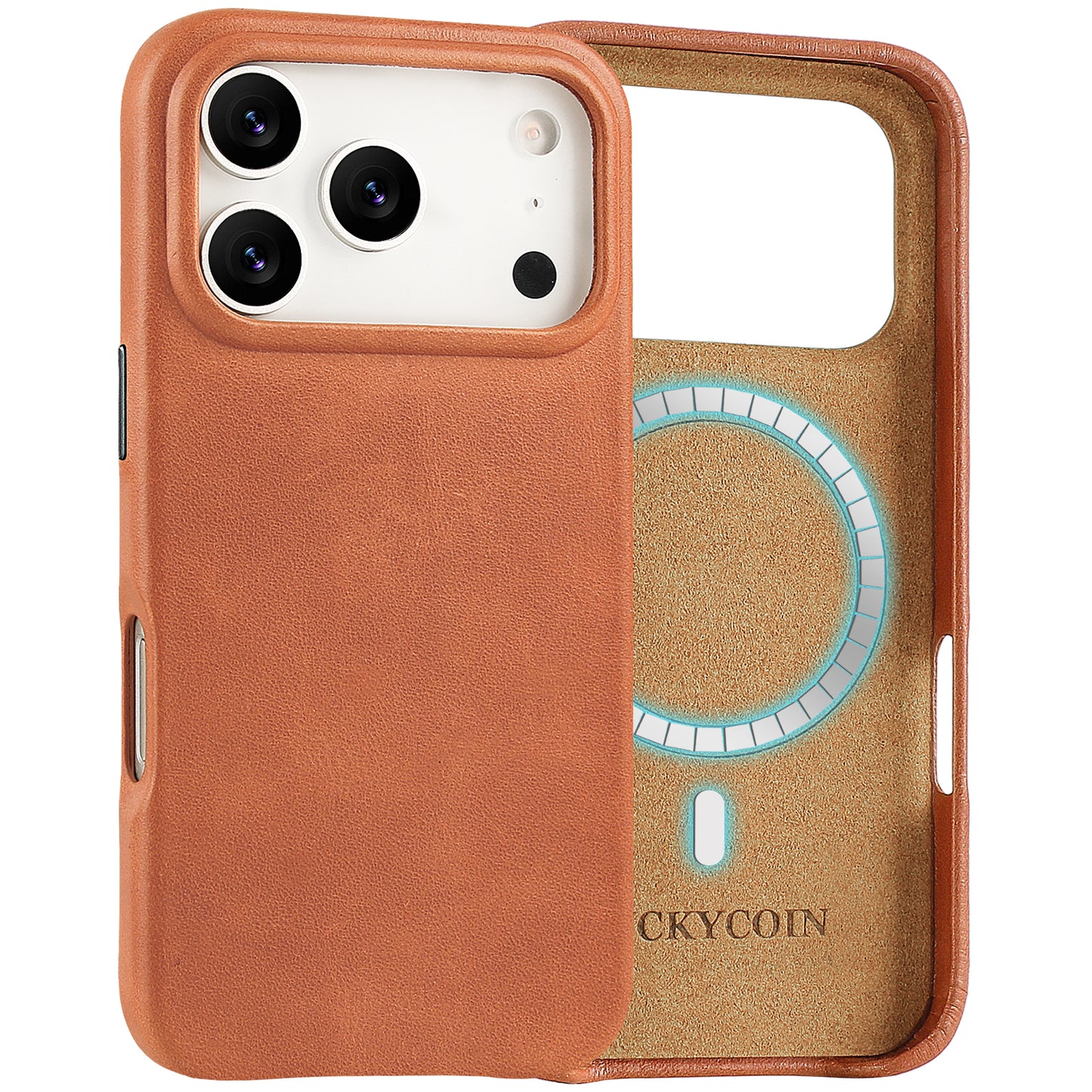LUCKYCOIN full-grain leather MagSafe Open Plateau phone case with camera control button for iPhone 17 Pro brown