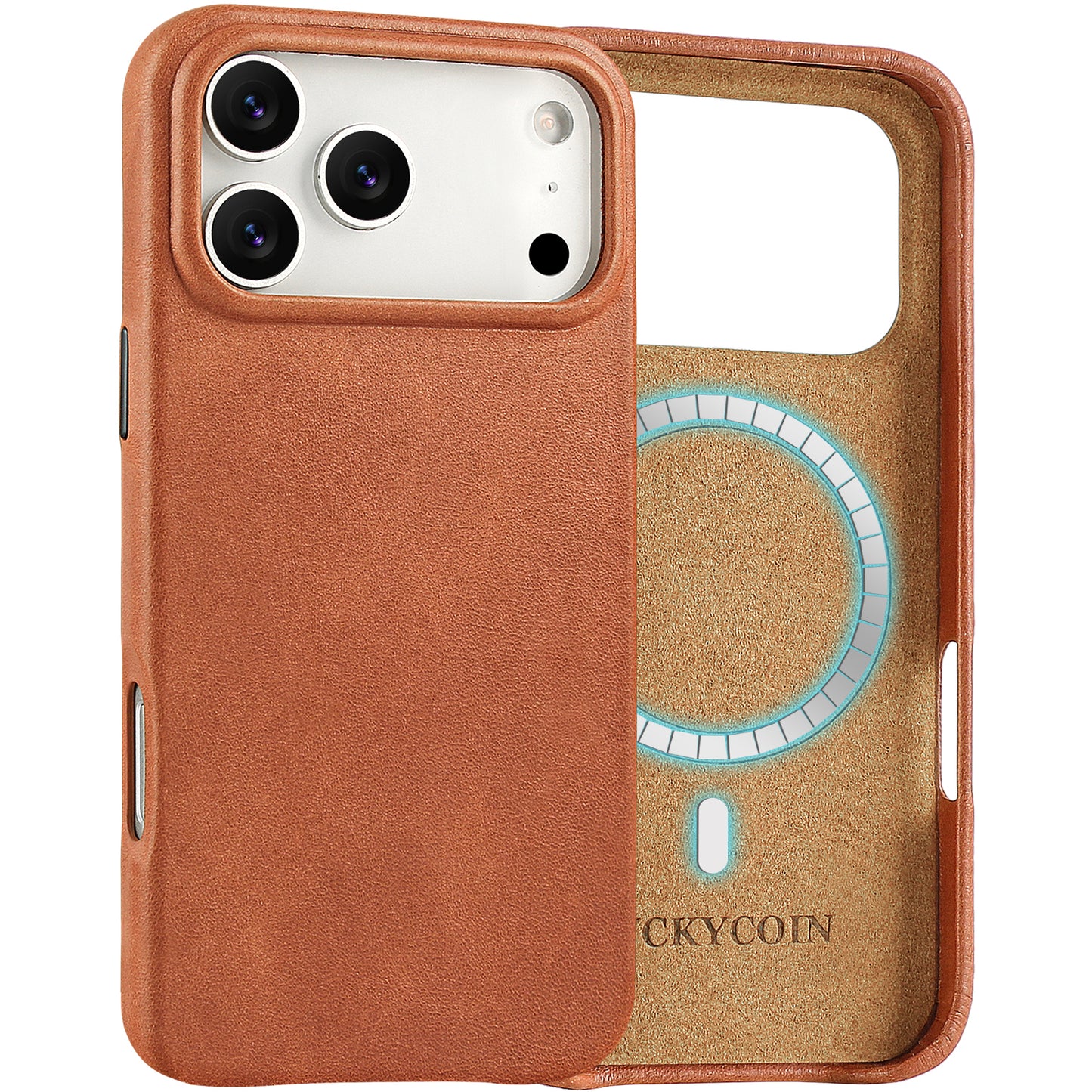 LUCKYCOIN full-grain leather MagSafe Open Plateau phone case with camera control button for iPhone 17 Pro  brown