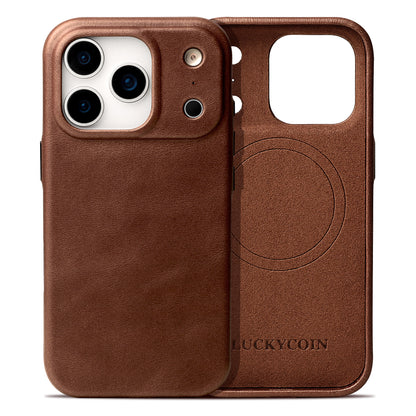 LUCKYCOIN full-grain leather MagSafe phone case with camera control button for iPhone 17 Pro dark brown