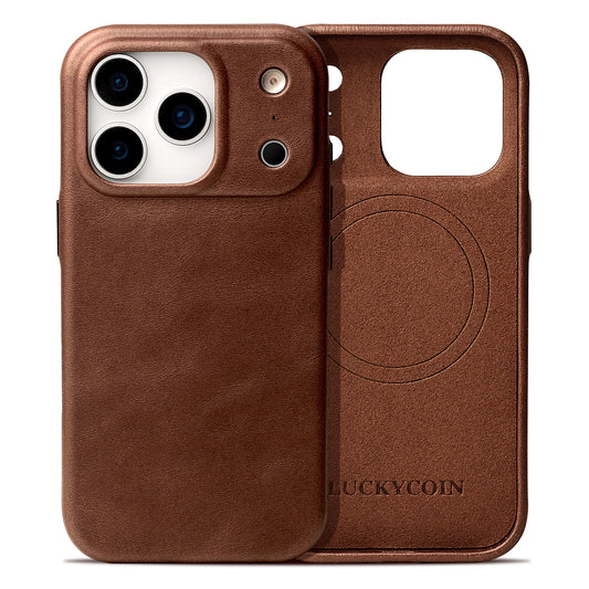 LUCKYCOIN full-grain leather MagSafe phone case with camera control button for iPhone 17 Pro dark brown