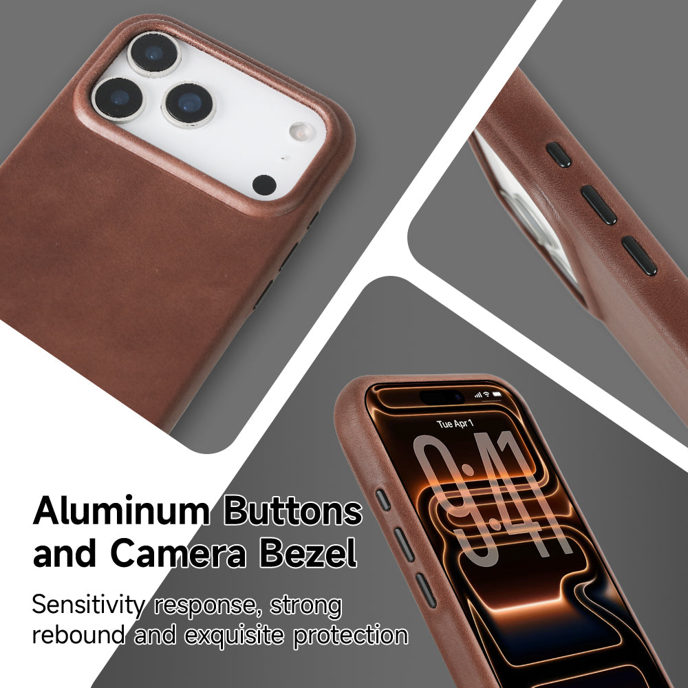 LUCKYCOIN full-grain leather MagSafe Open Plateau phone case with camera control button for iPhone 17 Pro dark brown