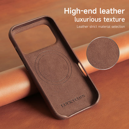 LUCKYCOIN full-grain leather MagSafe Open Plateau phone case with camera control button for iPhone 17 Pro dark brown