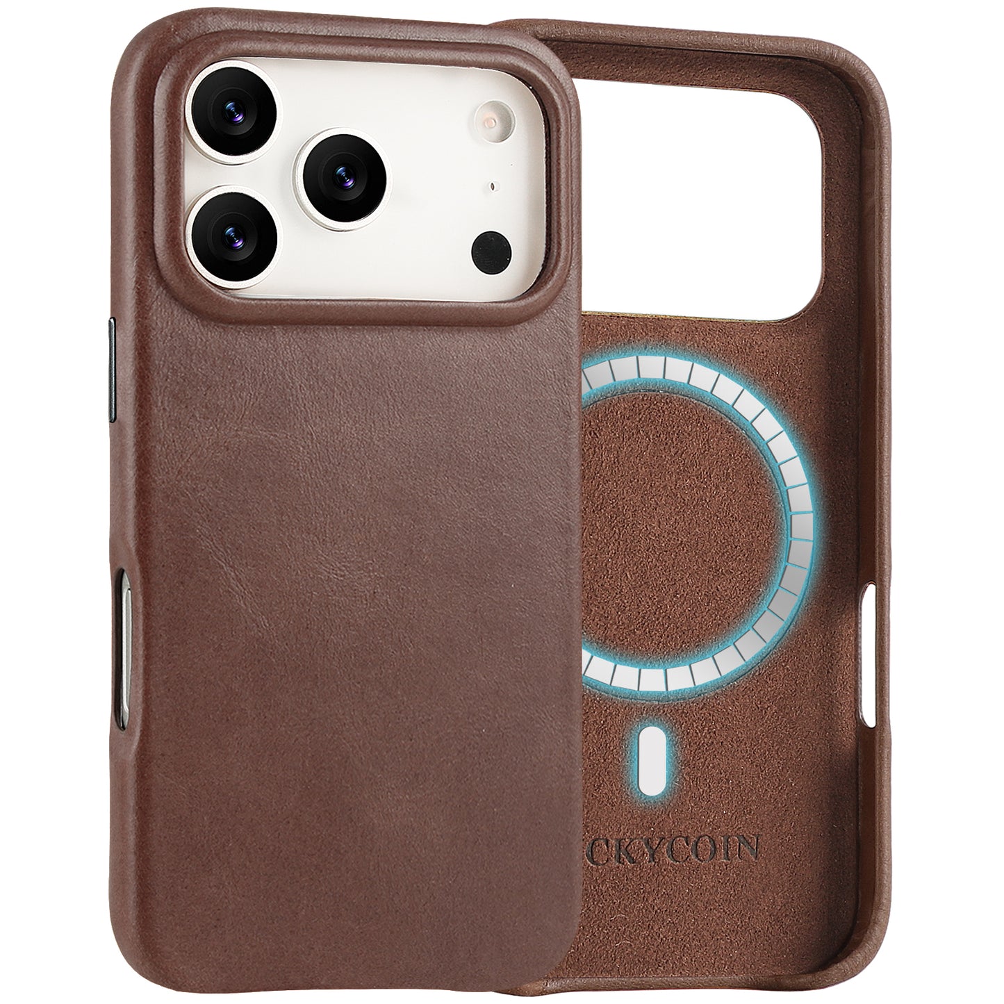 LUCKYCOIN full-grain leather MagSafe Open Plateau phone case with camera control button for iPhone 17 Pro dark brown