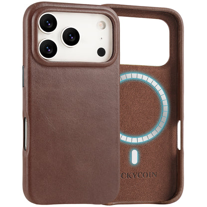 LUCKYCOIN full-grain leather MagSafe Open Plateau phone case with camera control button for iPhone 17 Pro dark brown