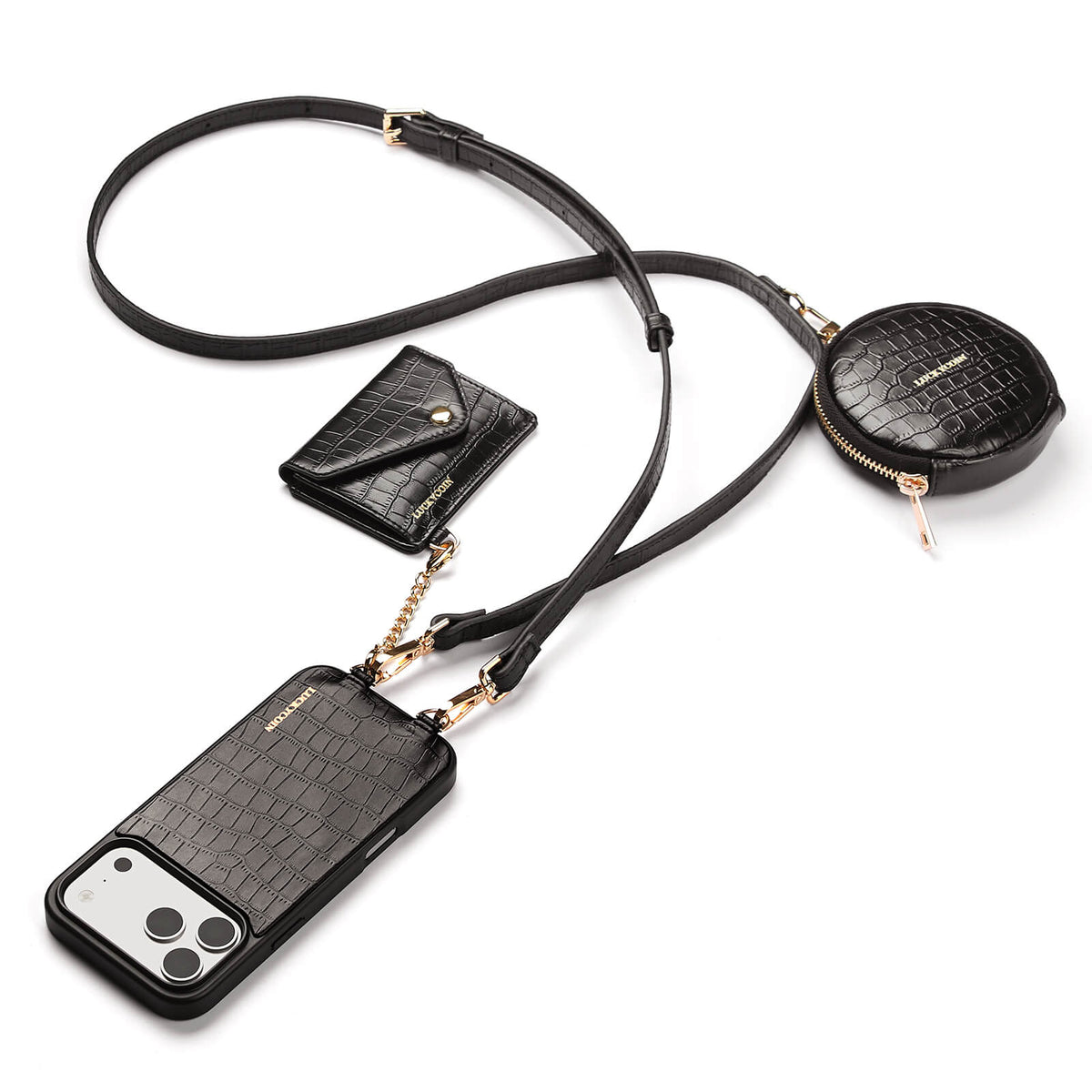 Detachable Crossbody Wallet Phone Case with Round Pouch | Black Croc