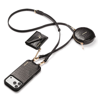 Detachable Crossbody Wallet Phone Case with Round Pouch | Black Croc