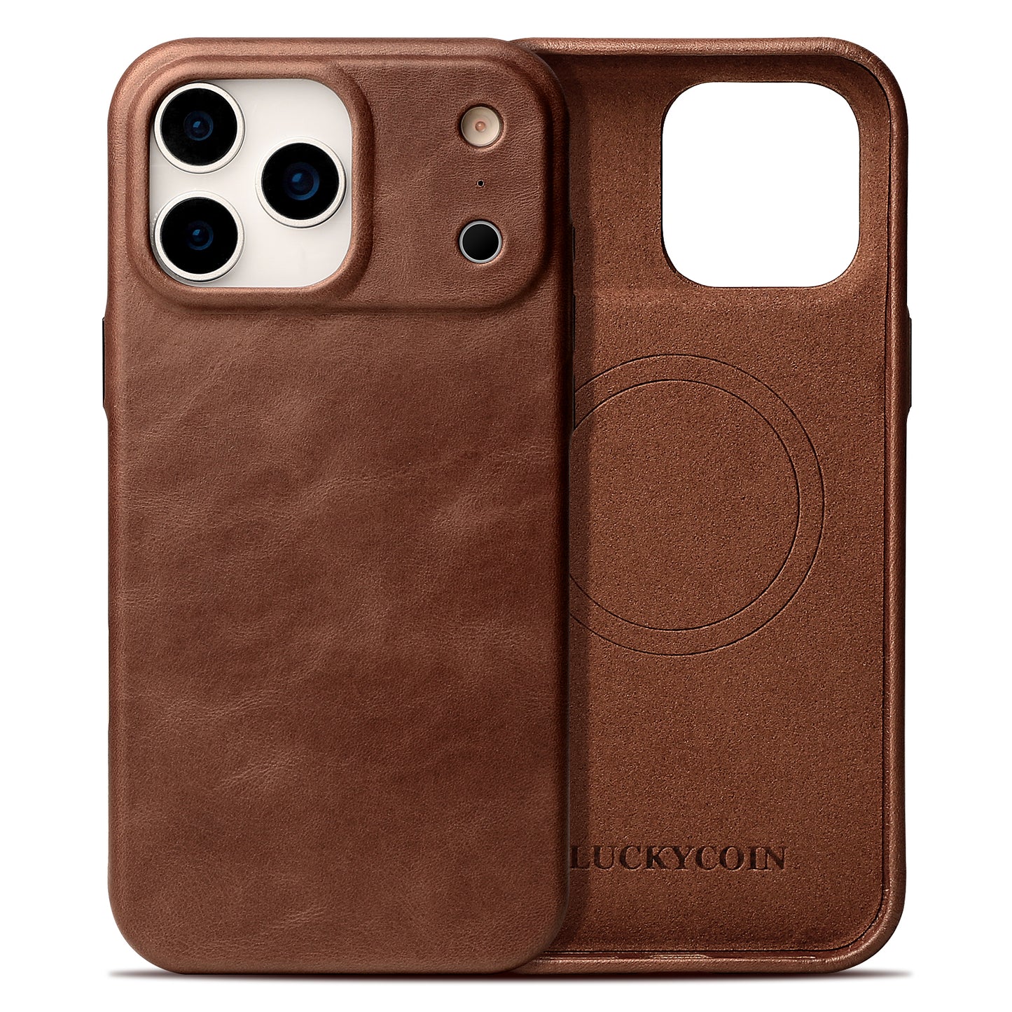 LUCKYCOIN full-grain leather MagSafe phone case with camera control button for iPhone 17 Pro Max dark brown