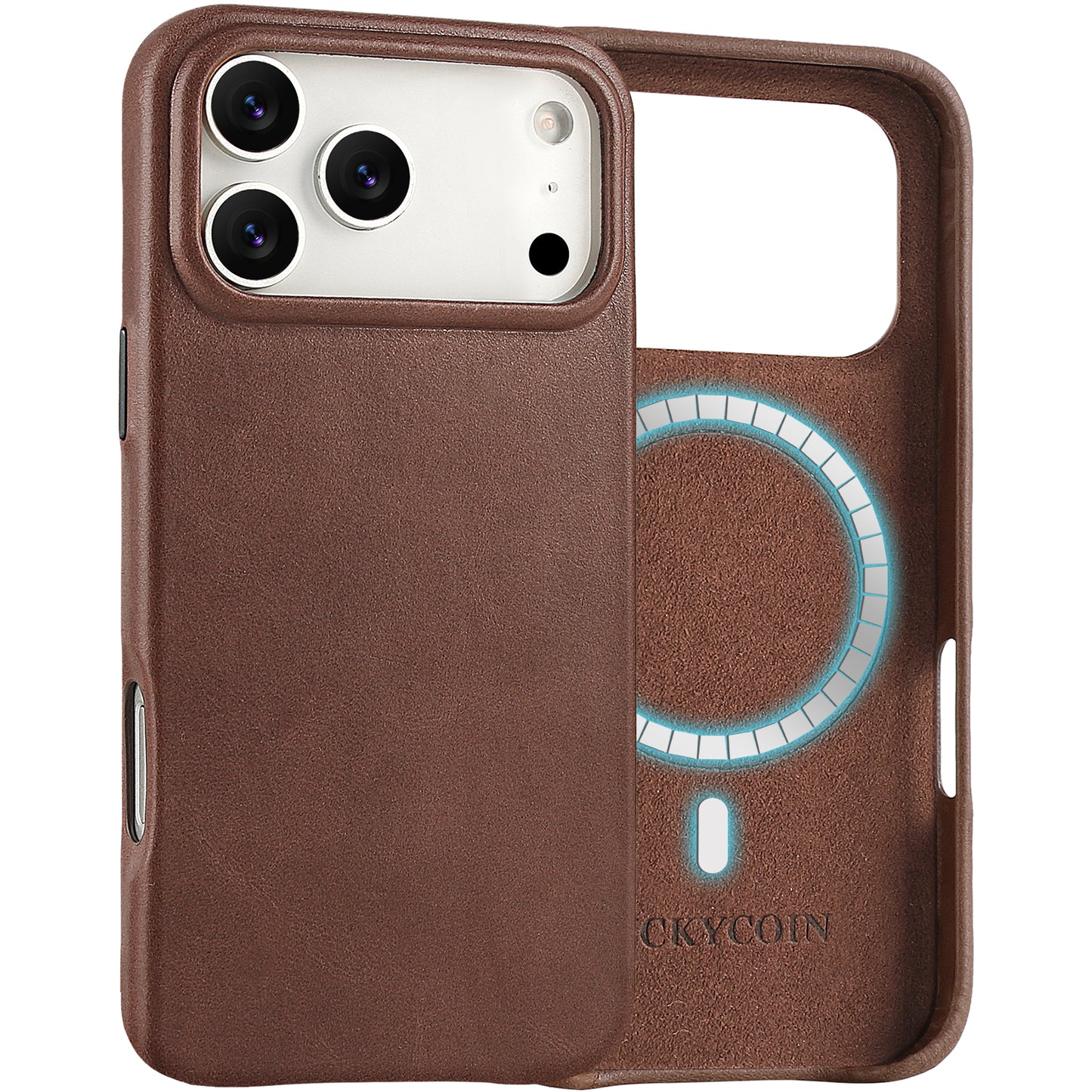 LUCKYCOIN full-grain leather MagSafe Open Plateau phone case with camera control button for iPhone 17 Pro Max dark brown