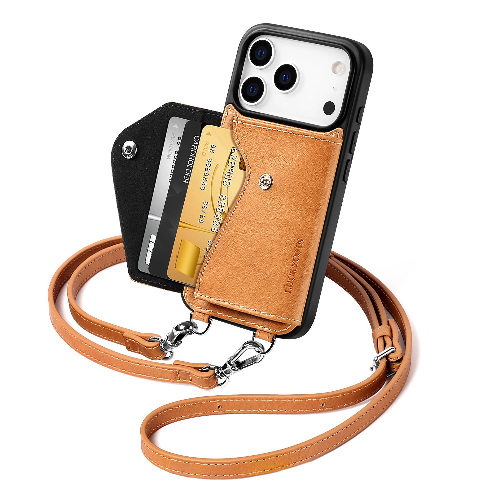 LUCKYCOIN retro almond tan leather hands-free crossbody wallet phone case2