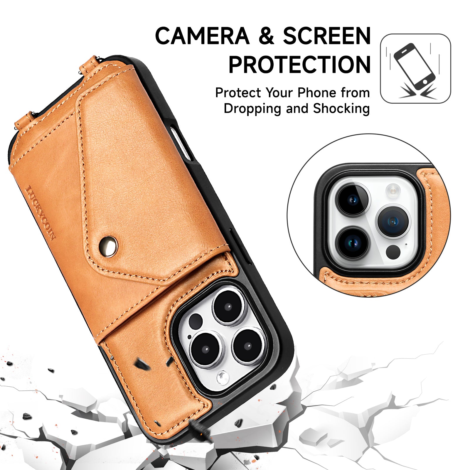 LUCKYCOIN retro almond tan leather hands-free crossbody wallet phone case 1