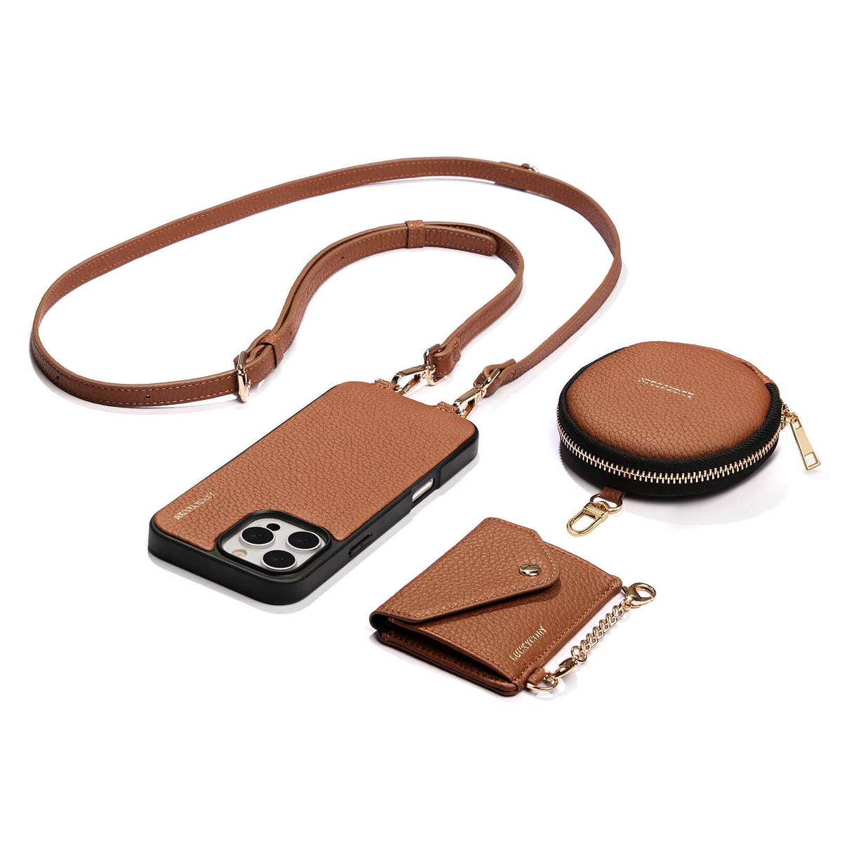 Detachable Crossbody Wallet Phone Case with Round Pouch | Cognac Brown