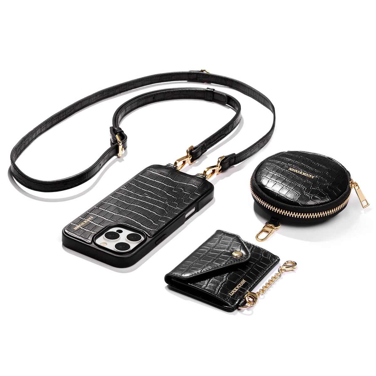 Detachable Crossbody Wallet Phone Case with Round Pouch | Black Croc