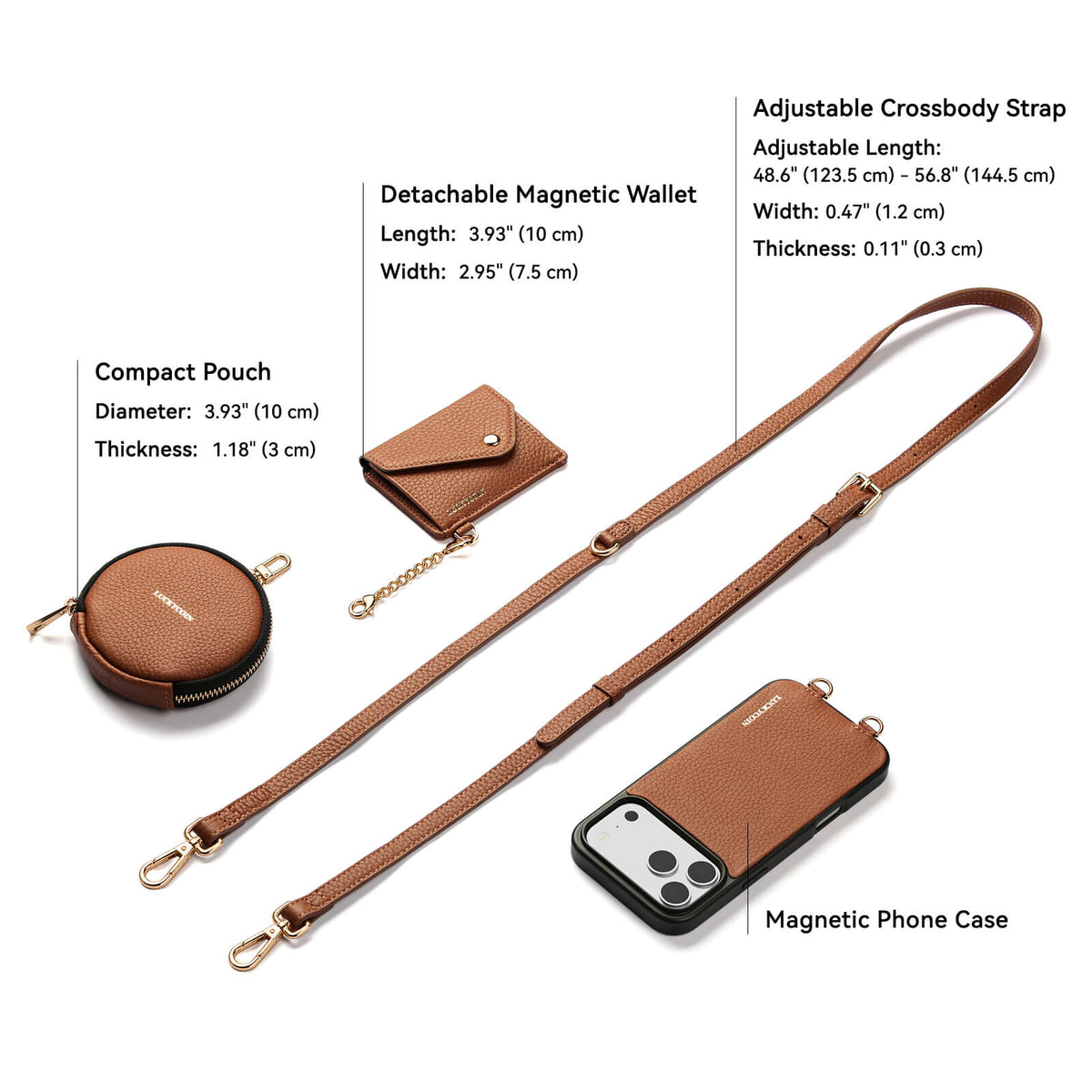 Detachable Crossbody Wallet Phone Case with Round Pouch | Cognac Brown