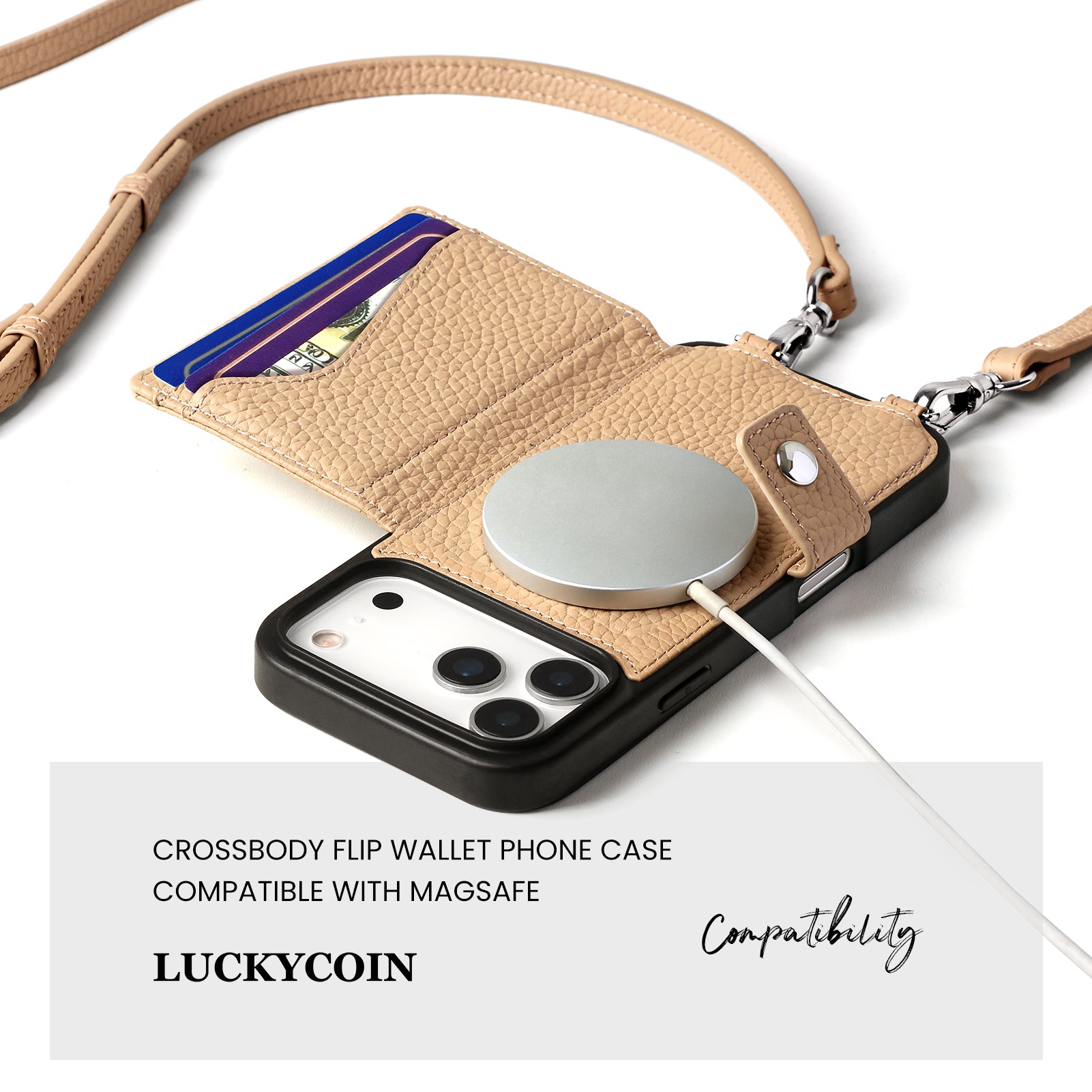 MagSafe Bifold Wallet Crossbody Case | Beige – LUCKYCOIN