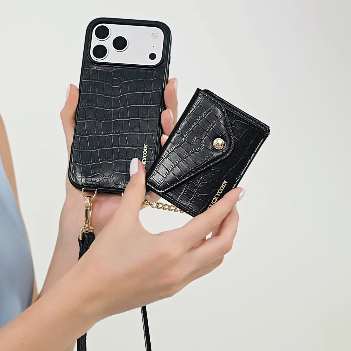 Detachable Crossbody Wallet Phone Case with Round Pouch | Black Croc