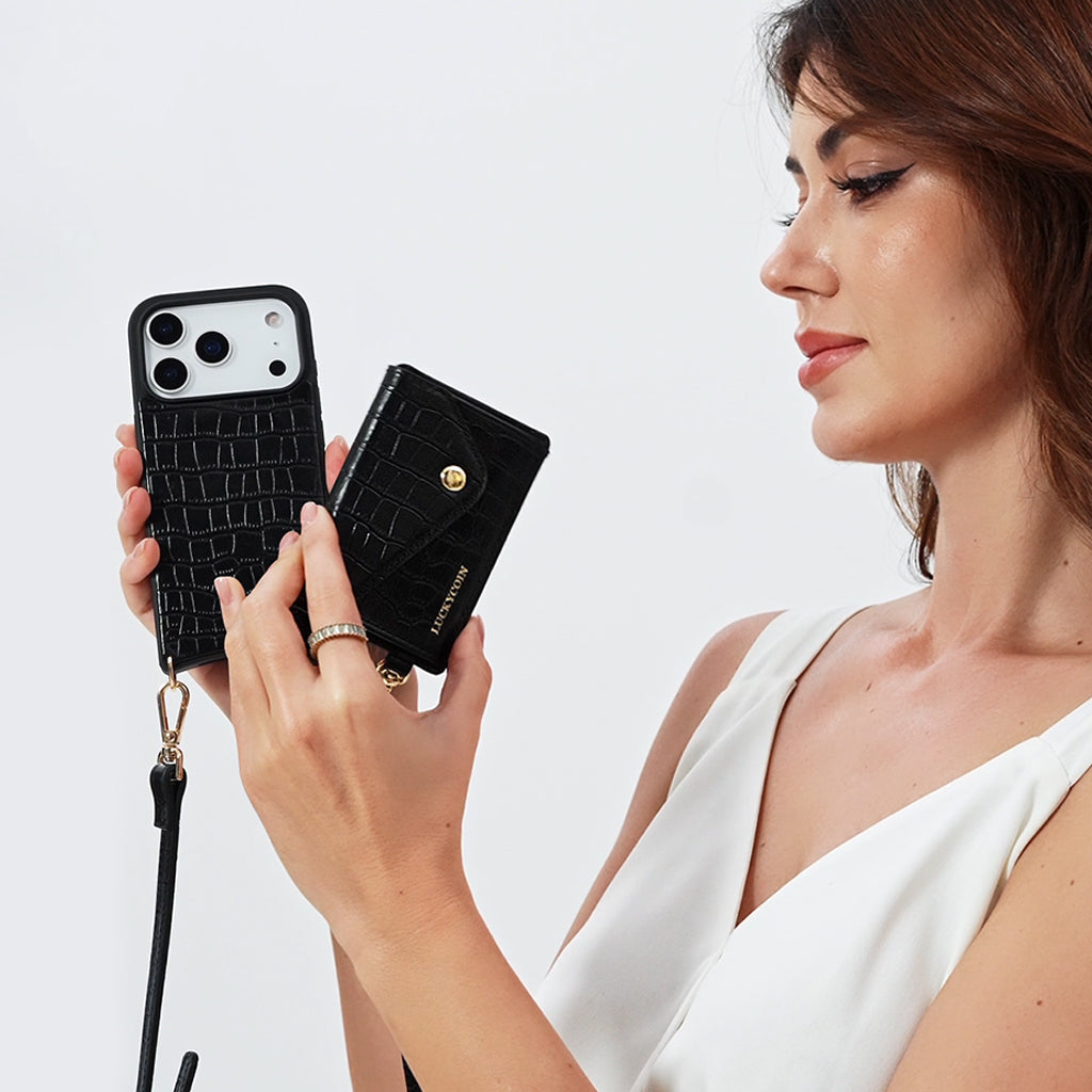 LUCKYCOIN magnet wallet crossbody case in black croc leather with detachable wallet and MagSafe compatibility, lifestyle use1