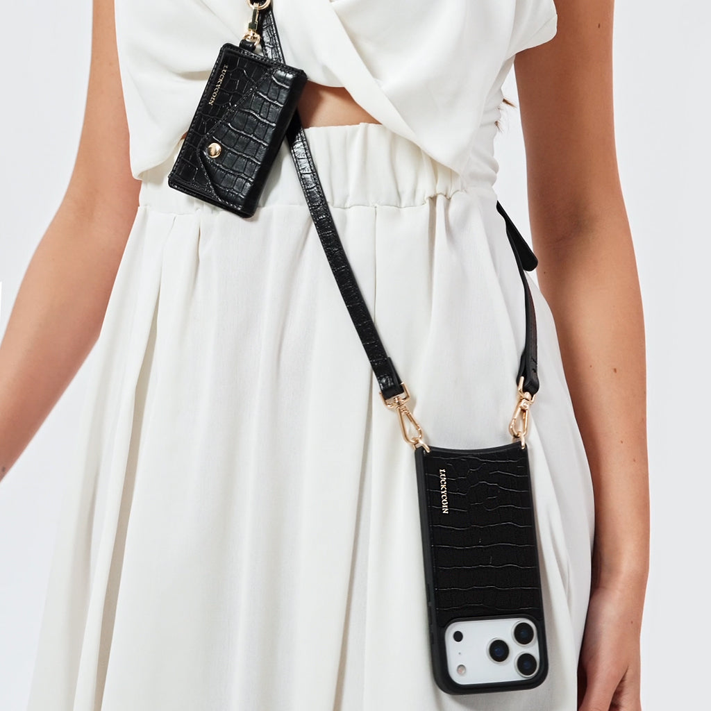 LUCKYCOIN magnet wallet crossbody case in black croc leather with detachable wallet and MagSafe compatibility, lifestyle use7