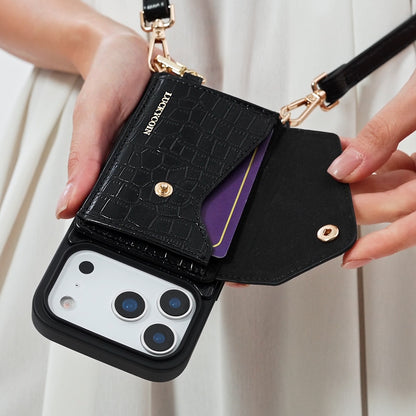 LUCKYCOIN magnet wallet crossbody case in black croc leather with detachable wallet and MagSafe compatibility, lifestyle use9