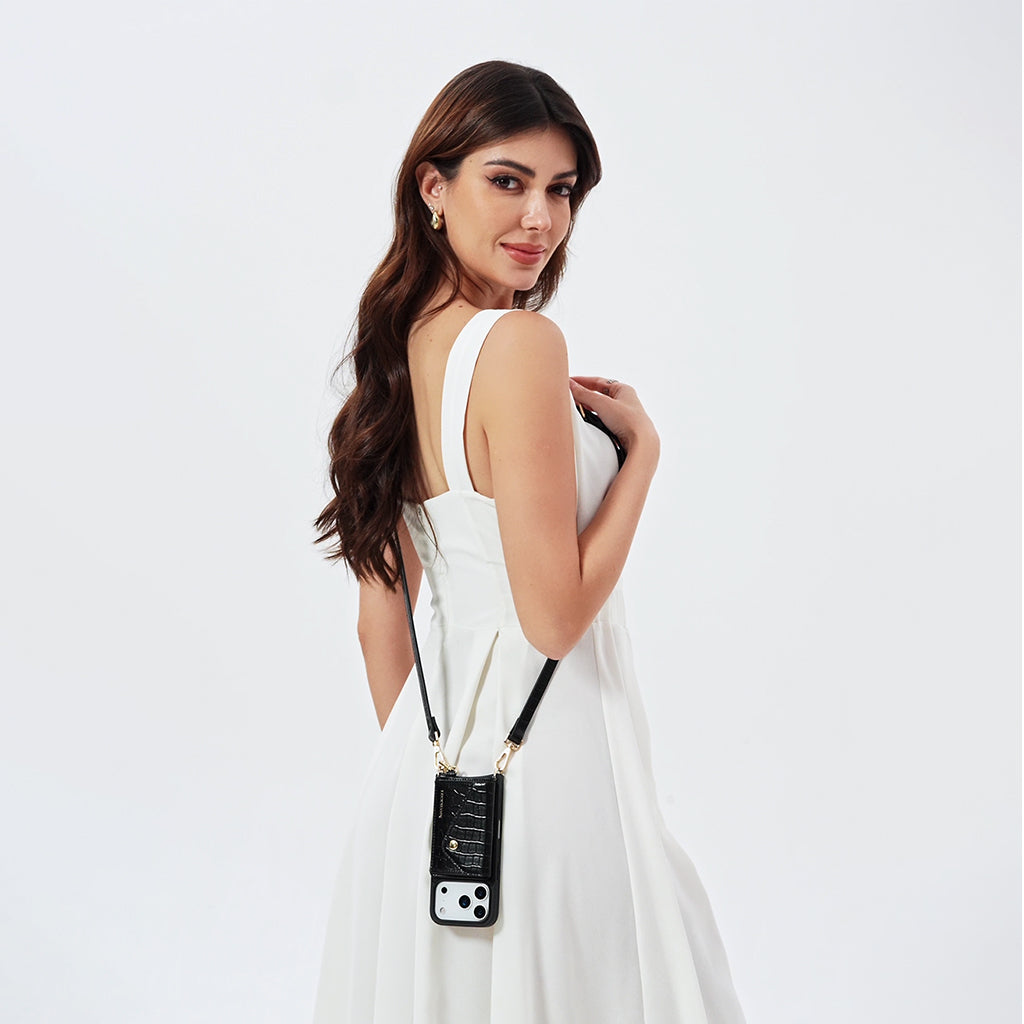 LUCKYCOIN magnet wallet crossbody case in black croc leather with detachable wallet and MagSafe compatibility, lifestyle use5