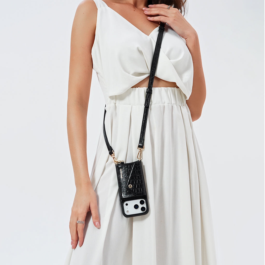 LUCKYCOIN magnet wallet crossbody case in black croc leather with detachable wallet and MagSafe compatibility, lifestyle use10