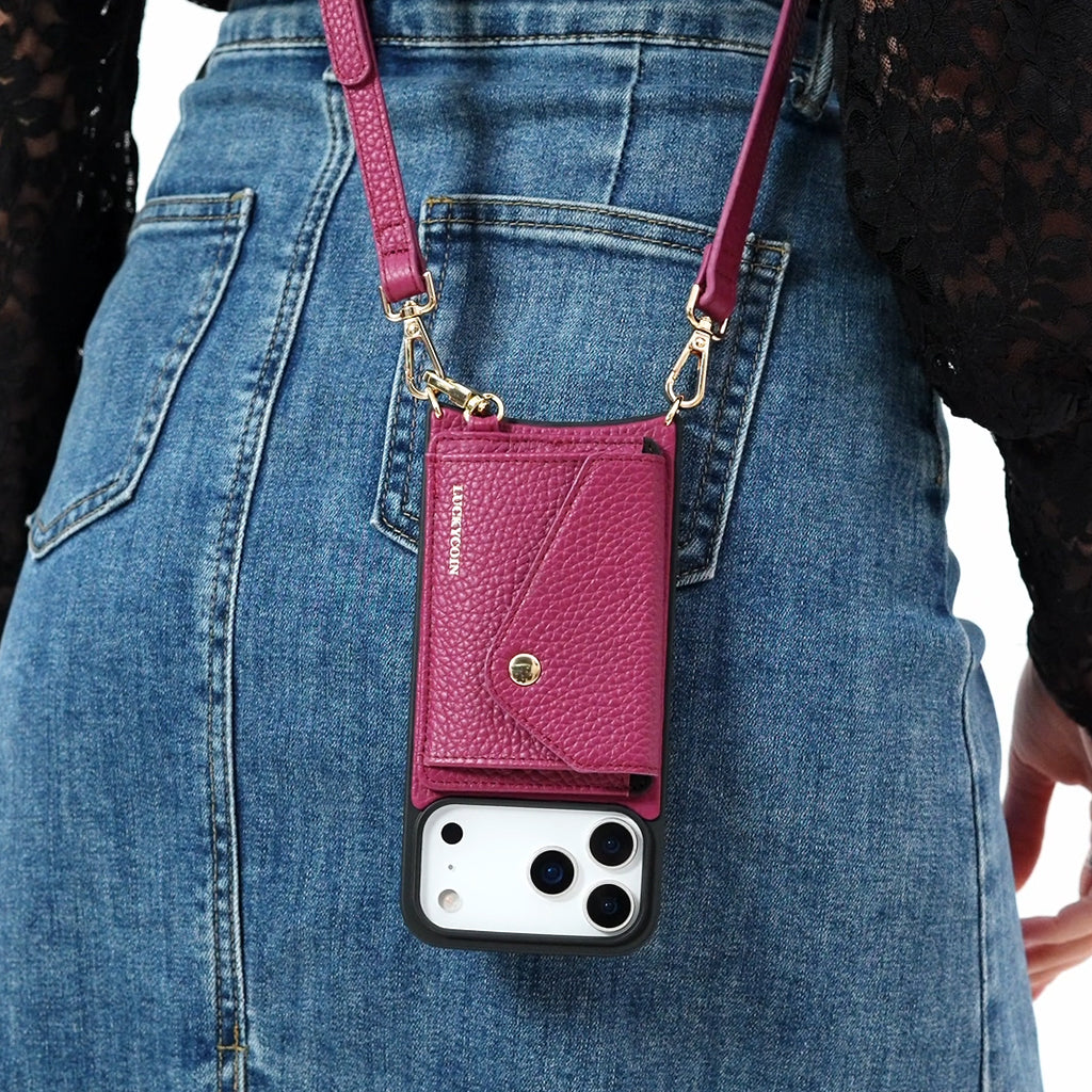 LUCKYCOIN magnet wallet crossbody phone case in rose purple leather with detachable wallet and MagSafe compatibility, lifestyle wear6