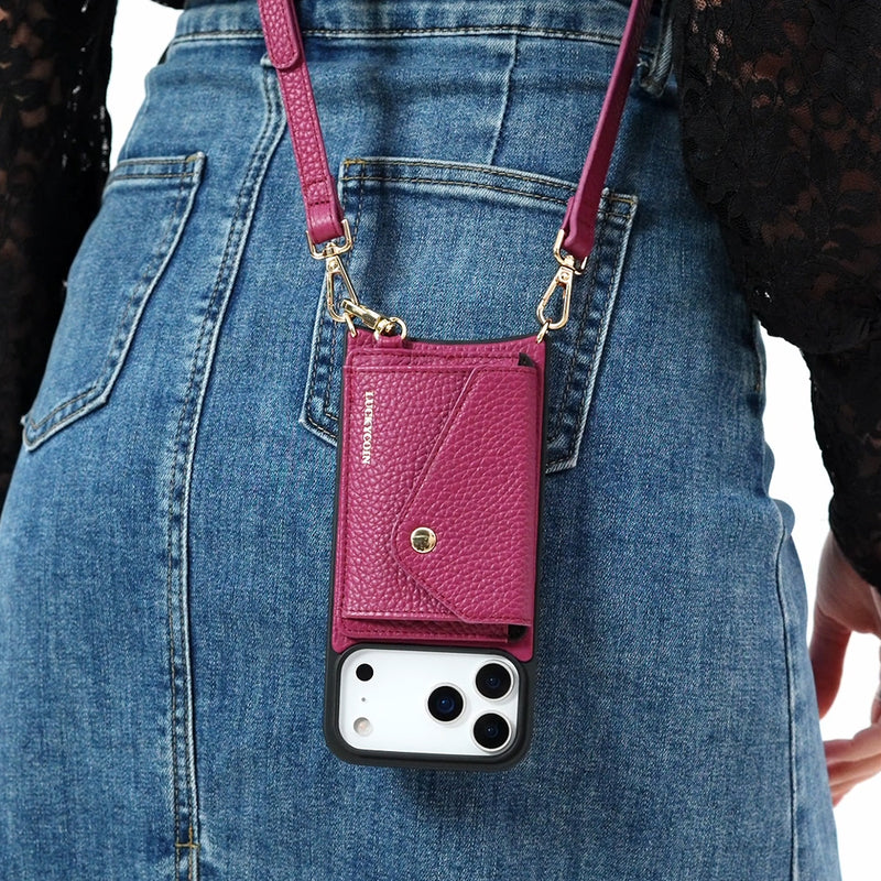 LUCKYCOIN magnet wallet crossbody phone case in rose purple leather with detachable wallet and MagSafe compatibility, lifestyle wear6