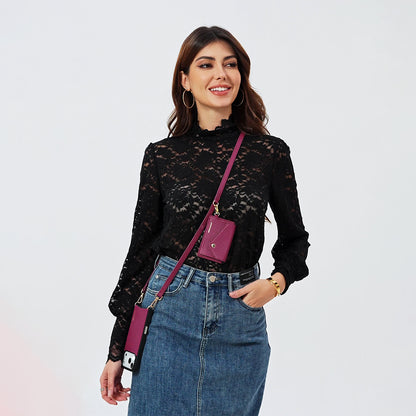 LUCKYCOIN magnet wallet crossbody phone case in rose purple leather with detachable wallet and MagSafe compatibility, lifestyle wear3