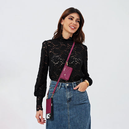 LUCKYCOIN magnet wallet crossbody phone case in rose purple leather with detachable wallet and MagSafe compatibility, lifestyle wear8