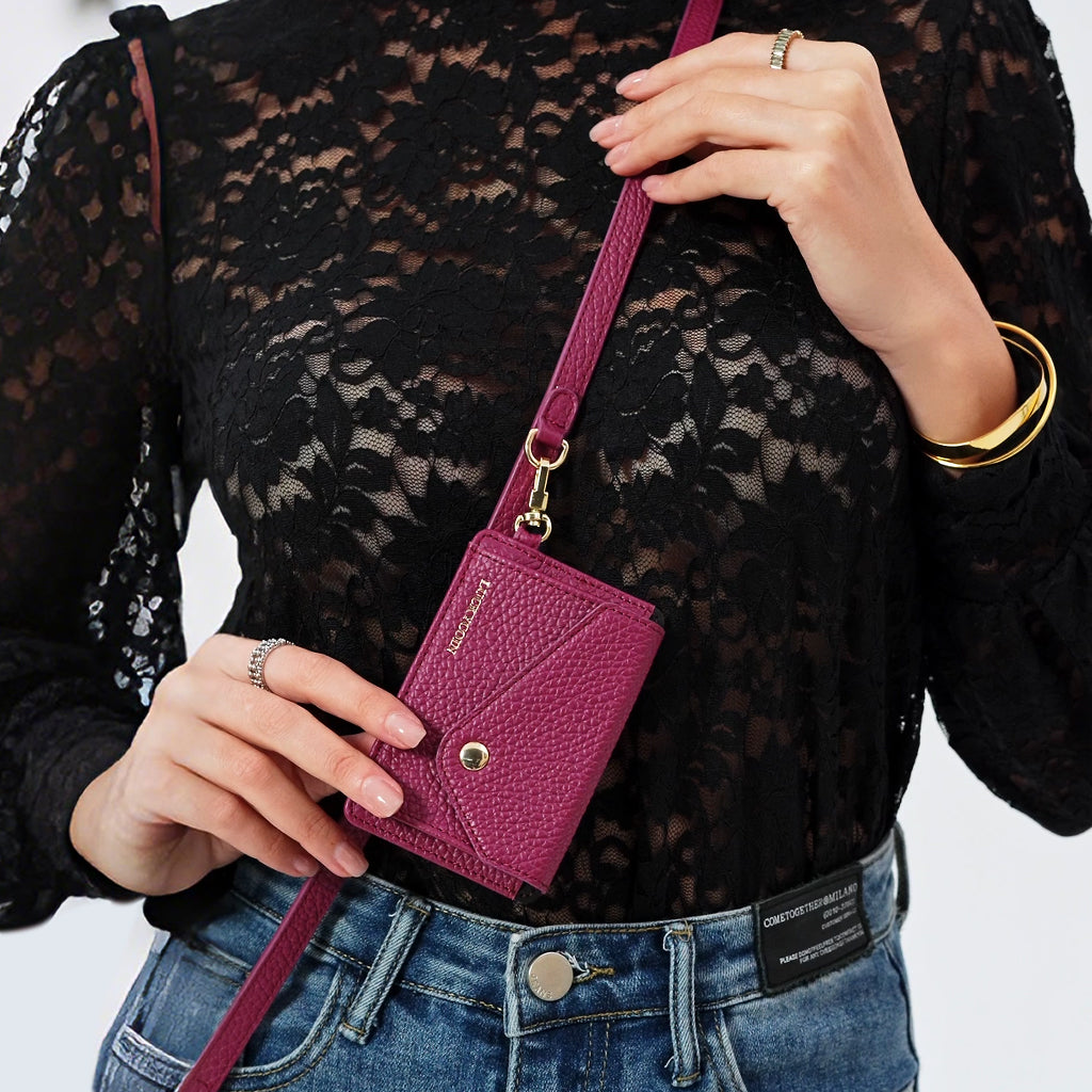 LUCKYCOIN magnet wallet crossbody phone case in rose purple leather with detachable wallet and MagSafe compatibility, lifestyle wear8