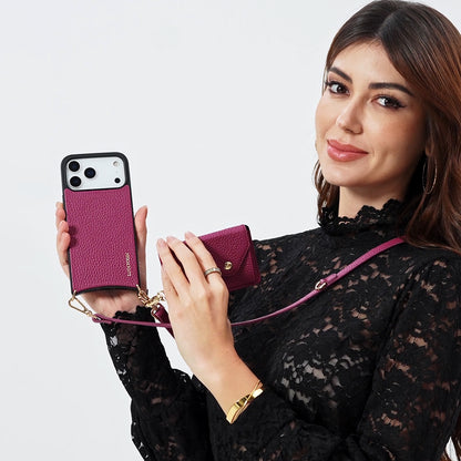 LUCKYCOIN magnet wallet crossbody phone case in rose purple leather with detachable wallet and MagSafe compatibility, lifestyle wear1
