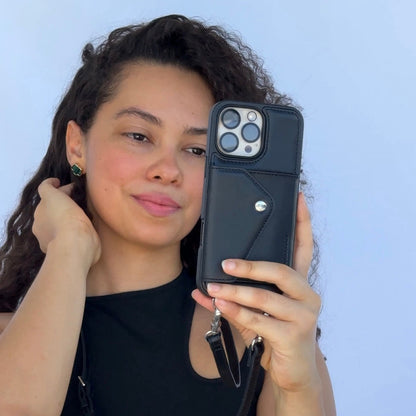 LUCKYCOIN retro black leather hands-free crossbody wallet phone case